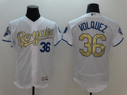 Mens Kansas City Royals 36 Edinson Volquez Majestic White World Series Champions Gold Program Flexbase Player Jersey