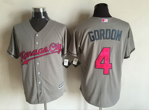 Mens Kansas City Royals 4 Alex Gordon Gray With Pink 2016 Mothers Day Baseball Cool Base Jersey