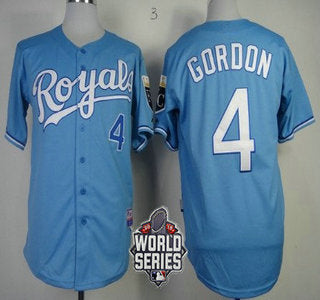 Mens Kansas City Royals 4 Alex Gordon Light Blue Alternate Baseball Jersey With 2015 World Series Patch