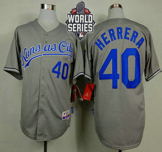 Mens Kansas City Royals 40 Kelvin Herrera Gray Away Baseball Jersey With 2015 World Series Patch