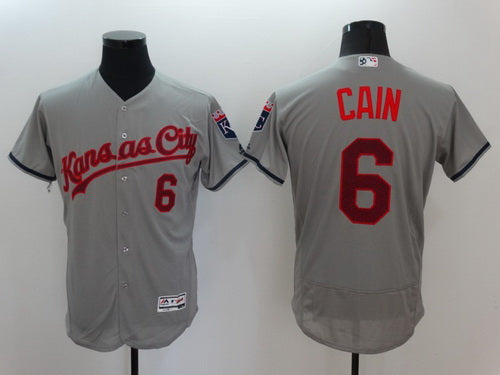 Mens Kansas City Royals 6 Lorenzo Cain Gray Fashion Stars Stripes 2016 Flexbase Majestic Jersey