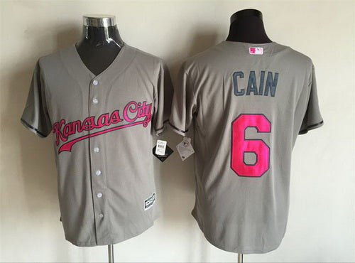 Mens Kansas City Royals 6 Lorenzo Cain Gray With Pink 2016 Mothers Day Baseball Cool Base Jersey