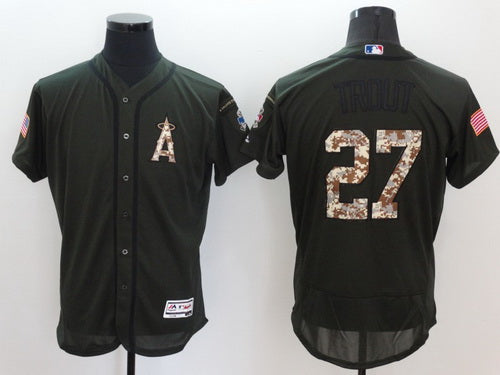 Mens La Angels Of Anaheim 27 Mike Trout Green Salute To Service 2016 Flexbase Majestic Baseball Jersey