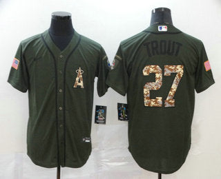 Mens Los Angeles Angels 27 Mike Trout Green Salute To Service Stitched Mlb Cool Base Nike Jersey