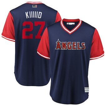 Mens Los Angeles Angels 27 Mike Trout Kiiiiid Majestic Navy 2018 Players Weekend Cool Base Jersey