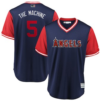 Mens Los Angeles Angels 5 Albert Pujols The Machine Majestic Navy 2018 Players Weekend Cool Base Jersey