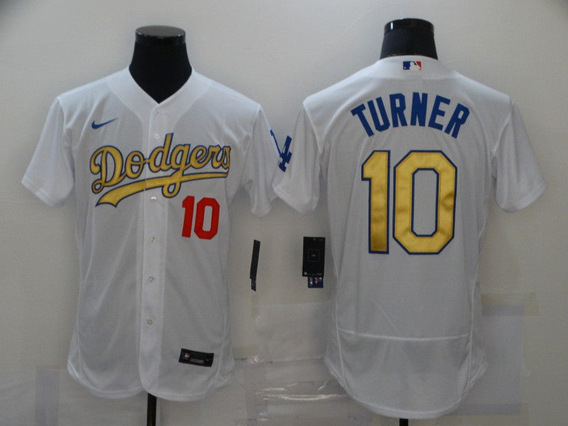 Mens Los Angeles Dodgers 10 Justin Turner White Gold Sttiched Nike Mlb Flex Base Jersey