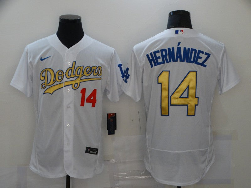 Mens Los Angeles Dodgers 14 Enrique Hernandez White Gold Sttiched Nike Mlb Flex Base Jersey