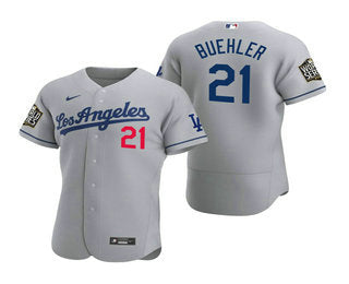 Mens Los Angeles Dodgers 21 Walker Buehler Gray 2020 World Series Authentic Road Flex Nike Jersey