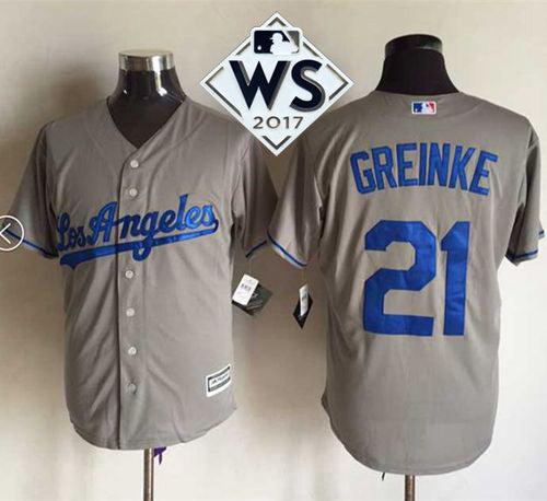 Mens Los Angeles Dodgers 21 Zack Greinke Grey New Cool Base 2017 World Series Bound Stitched Mlb Jersey