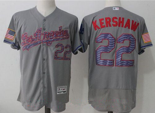 Mens Los Angeles Dodgers 22 Clayton Kershaw Gray 2017 Independence Stars Stripes Stitched Mlb Majestic Flex Base Jersey