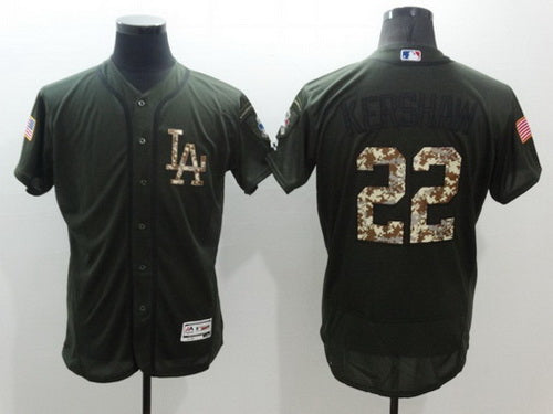 Mens Los Angeles Dodgers 22 Clayton Kershaw Green Salute To Service 2016 Flexbase Majestic Baseball Jersey