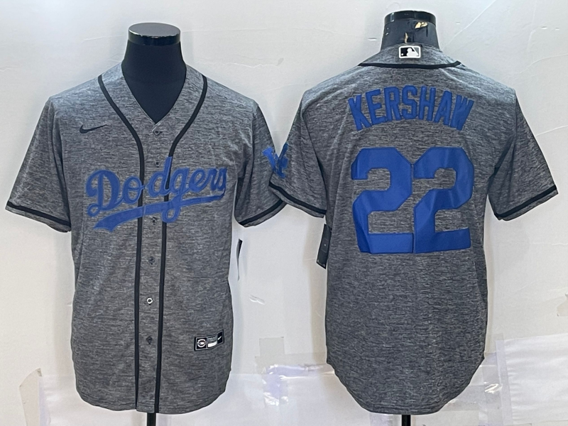 Mens Los Angeles Dodgers 22 Clayton Kershaw Grey Gridiron Cool Base Stitched Baseball Jersey