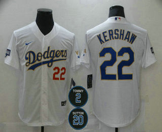 Mens Los Angeles Dodgers 22 Clayton Kershaw Red Number White Gold 2 20 Patch Stitched Mlb Cool Base Nike Jersey