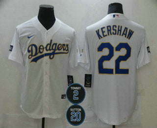 Mens Los Angeles Dodgers 22 Clayton Kershaw White Gold 2 20 Patch Stitched Mlb Cool Base Nike Jersey