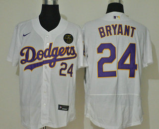 Mens Los Angeles Dodgers 24 Kobe Bryant White With Purple Name Kb Patch Stitched Mlb Flex Base Nike Jersey