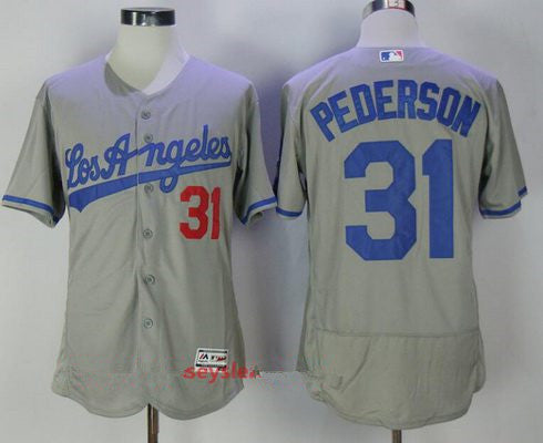 Mens Los Angeles Dodgers 31 Joc Pederson Gray Road Stitched Mlb Majestic Flex Base Jersey