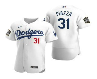 Mens Los Angeles Dodgers 31 Mike Piazza White 2020 World Series Authentic Flex Nike Jersey