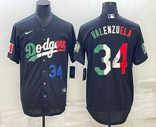 Mens Los Angeles Dodgers 34 Fernando Valenzuela Number Mexico Black Cool Base Stitched Baseball Jerseys
