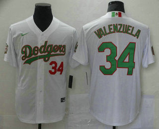 Mens Los Angeles Dodgers 34 Fernando Valenzuela White Green Mexico 2020 World Series Stitched Mlb Jersey
