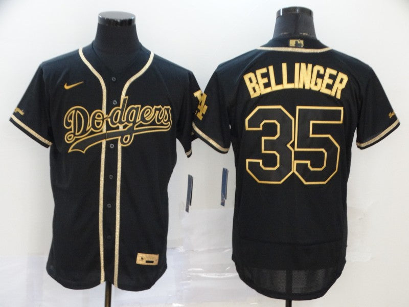 Mens Los Angeles Dodgers 35 Cody Bellinger Black With Gold Stitched Mlb Flex Base Nike Jersey