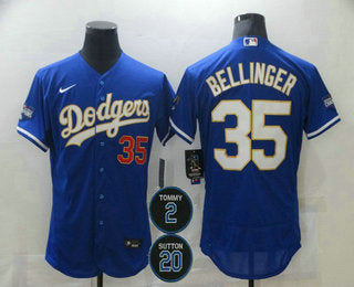 Mens Los Angeles Dodgers 35 Cody Bellinger Blue Gold 2 20 Patch Stitched Mlb Flex Base Nike Jersey