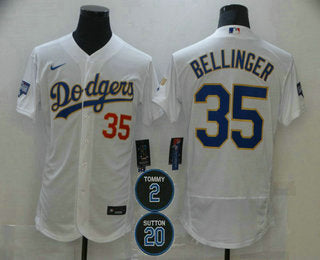 Mens Los Angeles Dodgers 35 Cody Bellinger White Gold 2 20 Patch Stitched Mlb Flex Base Nike Jersey