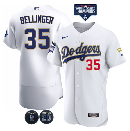 Mens Los Angeles Dodgers 35 Cody Bellinger White Gold Championship Flex Base Sttiched Mlb Jersey