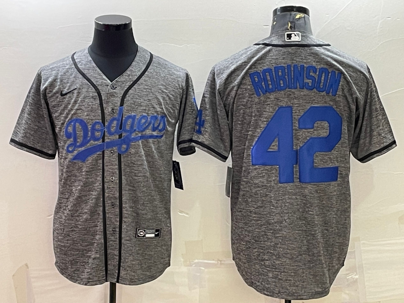 Mens Los Angeles Dodgers 42 Jackie Robinson Grey Gridiron Cool Base Stitched Baseball Jersey