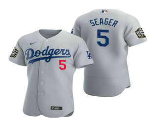 Mens Los Angeles Dodgers 5 Corey Seager Gray 2020 World Series Authentic Flex Nike Jersey