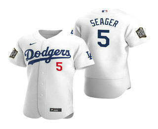 Mens Los Angeles Dodgers 5 Corey Seager White 2020 World Series Authentic Flex Nike Jersey