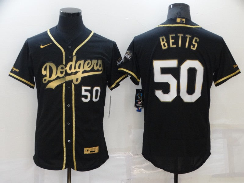 Mens Los Angeles Dodgers 50 Mookie Betts Black 2020 Champions Golden Edition Stitched Flex Base Nike Jersey