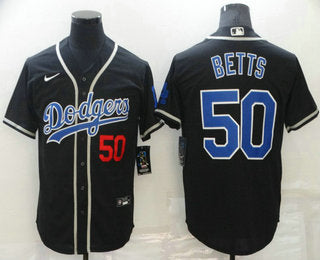 Mens Los Angeles Dodgers 50 Mookie Betts Black Blue Name Stitched Mlb Cool Base Nike Jersey