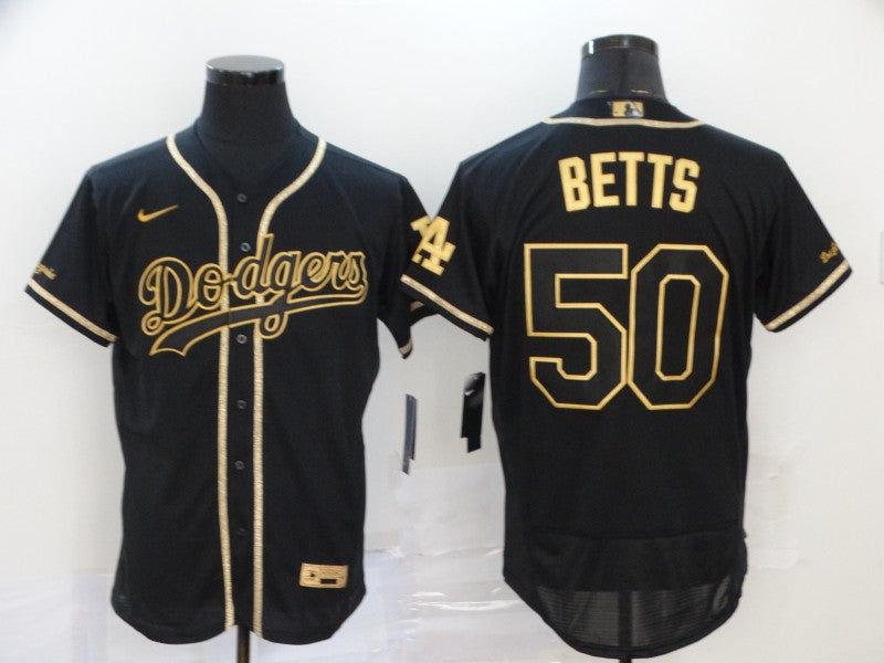 Mens Los Angeles Dodgers 50 Mookie Betts Black With Gold Stitched Mlb Flex Base Nike Jersey