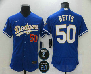 Mens Los Angeles Dodgers 50 Mookie Betts Blue Gold 2 20 Patch Stitched Mlb Flex Base Nike Jersey