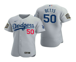 Mens Los Angeles Dodgers 50 Mookie Betts Gray 2020 World Series Authentic Flex Nike Jersey