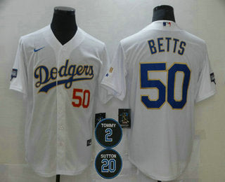 Mens Los Angeles Dodgers 50 Mookie Betts Red Number White Gold 2 20 Patch Stitched Mlb Cool Base Nike Jersey