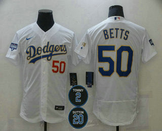 Mens Los Angeles Dodgers 50 Mookie Betts White Gold 2 20 Patch Flex Base Sttiched Mlb Jersey