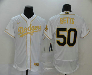 Mens Los Angeles Dodgers 50 Mookie Betts White With Gold Stitched Mlb Flex Base Nike Jersey