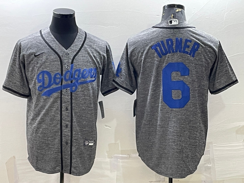 Mens Los Angeles Dodgers 6 Trea Turner Grey Gridiron Cool Base Stitched Baseball Jersey