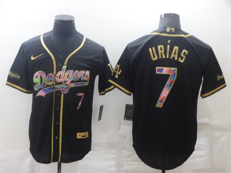 Mens Los Angeles Dodgers 7 Julio Urias Black Iridescent Logo Stitched Mlb Cool Base Nike Jersey