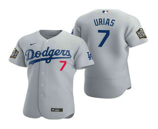 Mens Los Angeles Dodgers 7 Julio Urias Gray 2020 World Series Authentic Flex Nike Jersey