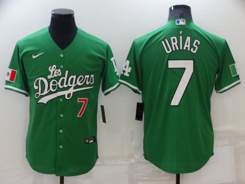 Mens Los Angeles Dodgers 7 Julio Urias Green With Los 2021 Mexican Heritage Stitched Baseball Jersey