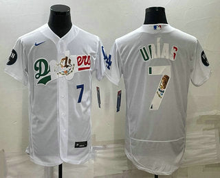 Mens Los Angeles Dodgers 7 Julio Urias Number White With Vin Scully Patch Flex Base Stitched Baseball Jerseys