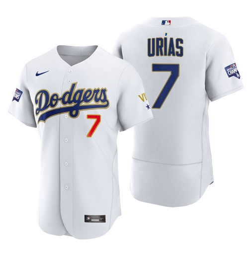Mens Los Angeles Dodgers 7 Julio Urias White Gold Championship Flex Base Sttiched Mlb Jersey