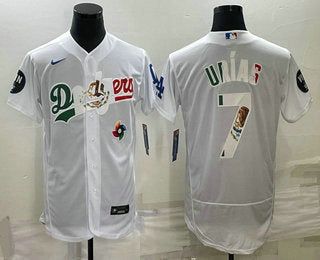 Mens Los Angeles Dodgers 7 Julio Urias White With Vin Scully Patch Flex Base Stitched Baseball Jersey