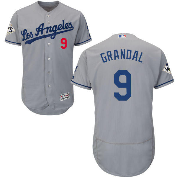 Mens Los Angeles Dodgers 9 Yasmani Grandal Grey Flexbase Authentic Collection 2017 World Series Bound Stitched Mlb Jersey