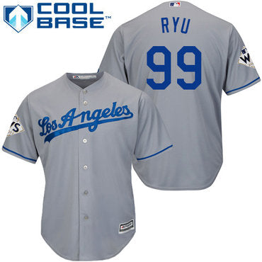 Mens Los Angeles Dodgers 99 Hyun jin Ryu Grey New Cool Base 2017 World Series Bound Stitched Mlb Jersey