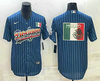 Mens Los Angeles Dodgers Big Logo Navy Blue Pinstripe Stitched Mlb Cool Base Nike Jersey3