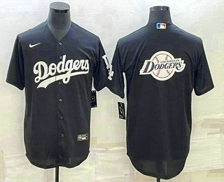 Mens Los Angeles Dodgers Black Team Big Logo Cool Base Stitched Baseball Jersey3